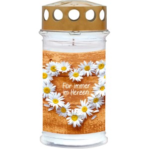 Motiv-Grablicht Ambrosius mit Margeritenherz und Schriftzug "Für immer im Herzen".