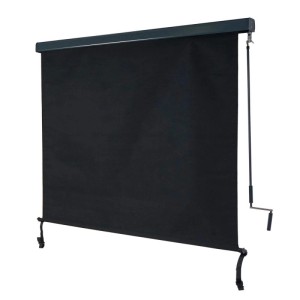 Schwarze MCW Vertikalmarkise 250x180cm mit Kurbel und Halterungen für Fenster und Balkon.