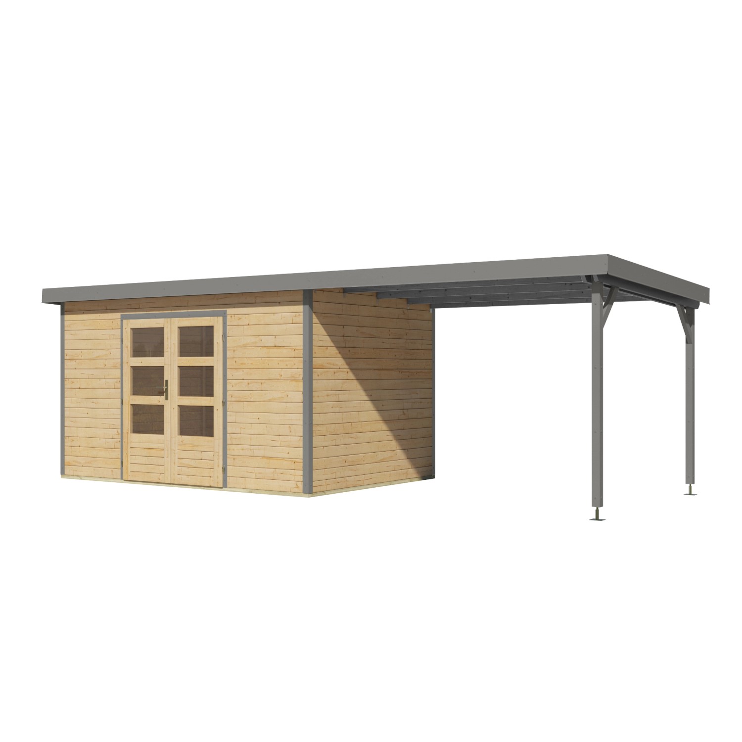 Karibu Gartenhaus Domingo 7 A mit Anbaudach, naturbelassen/grau, 219x360x240 cm.