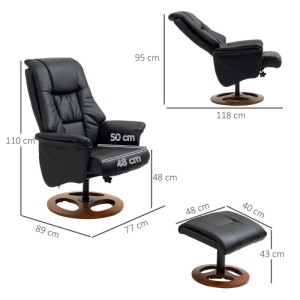 HOMCOM Relaxsessel mit Hocker 130 Grad Neigbar Kunstleder Schwarz 77 x 89 x 110 cm