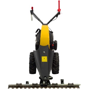 Texas Benzin-Balkenmäher CB8700: Frontansicht des gelb-schwarzen Rasenmähers mit robusten Reifen.