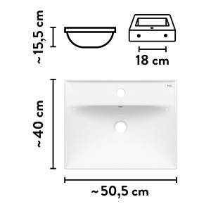 Draufsicht: Weißes, rechteckiges baliv Hampton Handwaschbecken 50,5 cm mit Hahnloch und Überlauf.