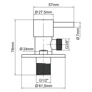 Technische Zeichnung: baliv Eckventil EV-3440, mattweiß, mit Maßangaben für Installation.