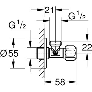 Technische Zeichnung Grohe Eckventil Chrom 1/2 x 1/2 mit Maßangaben.