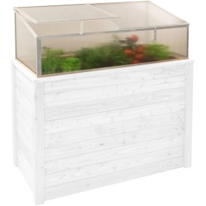 Westmann Frühbeetaufsatz Genus 100 auf Hochbeet, transparente Doppelstegpaneele, Aluminiumrahmen.