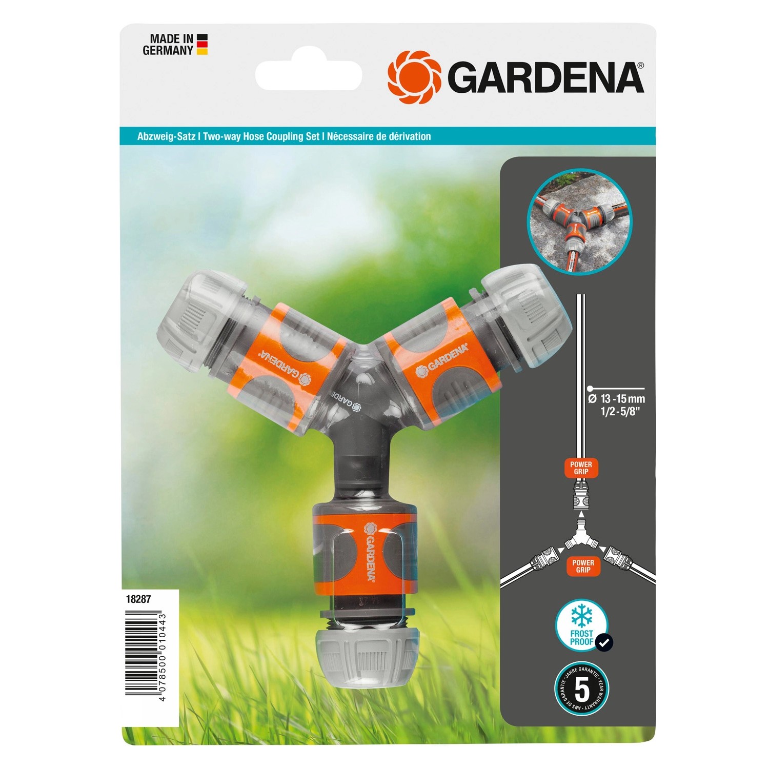 Gardena Abzweig-Satz 13 mm (1/2) für Gartenbewässerung, Y-Stück und Schlauchverbinder im Set.