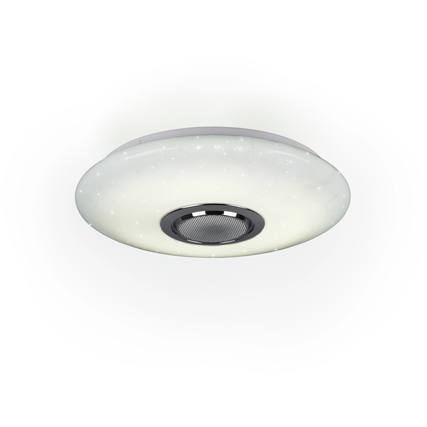 Weiße LED-Deckenleuchte Musica mit Lautsprecher und Rainbow-Effekt.