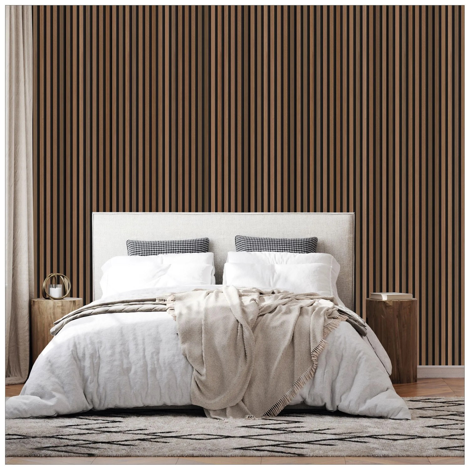 Amadeo Akustikpaneel Eiche Vintage an Schlafzimmerwand. Selbstklebende Holzlamellen für Schallabsorption und modernes Design.