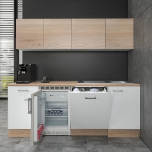 Flex-Well Singleküche Florida, 210 cm, weiß und Sonoma Eiche mit Spüle, Kühlschrank und Geschirrspüler.