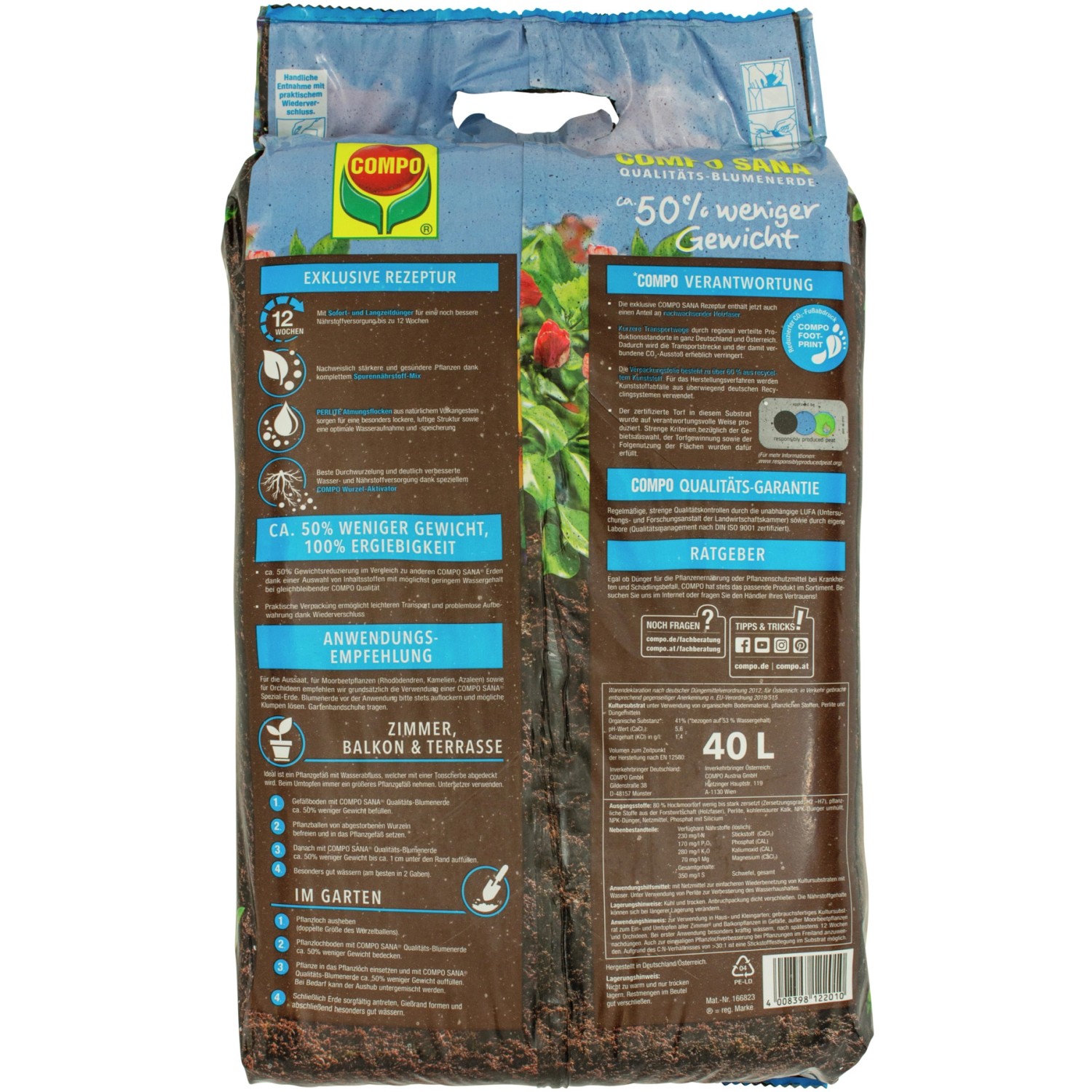 Sack Compo Qualitäts-Blumenerde mit ca. 50% weniger Gewicht, 40 Liter. Universalerde für Zimmer-, Balkon- und Gartenpflanzen.