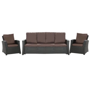 Braunes Technorattan Gartenlounge Set mit Sofa und zwei Sesseln, dicke braune Kissen. Komfortable Sitzgruppe für Garten & Terrasse.
