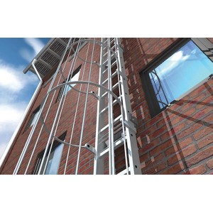 Leiter mit Rückenschutz an einer Backsteinmauer befestigt.