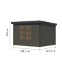 Karibu Gartenhaus Diego 5, terragrau/anthrazit, 209x298x242 cm, mit Doppeltür und Maßangaben.