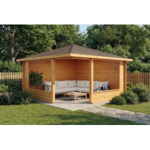 Imprägnierte 5-Eck Gartenlaube Maik-40 aus Holz mit Spitzdach und Sitzgruppe im Garten.