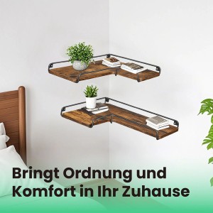 Eckregal Barnet-old im Industrie-Design in Braun-Schwarz mit Deko an einer weißen Wand.