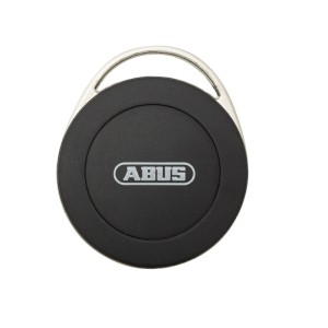 Schwarzer Abus ID-Schlüsselanhänger für Smartvest Pro Alarmanlage mit silberner Metallfassung.