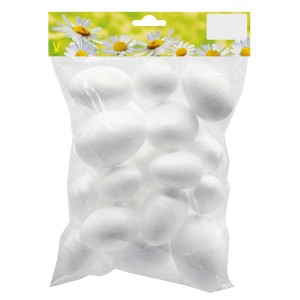 Packung mit 20 weißen Deko Styropor-Eiern (7 cm) für Osterdekorationen.