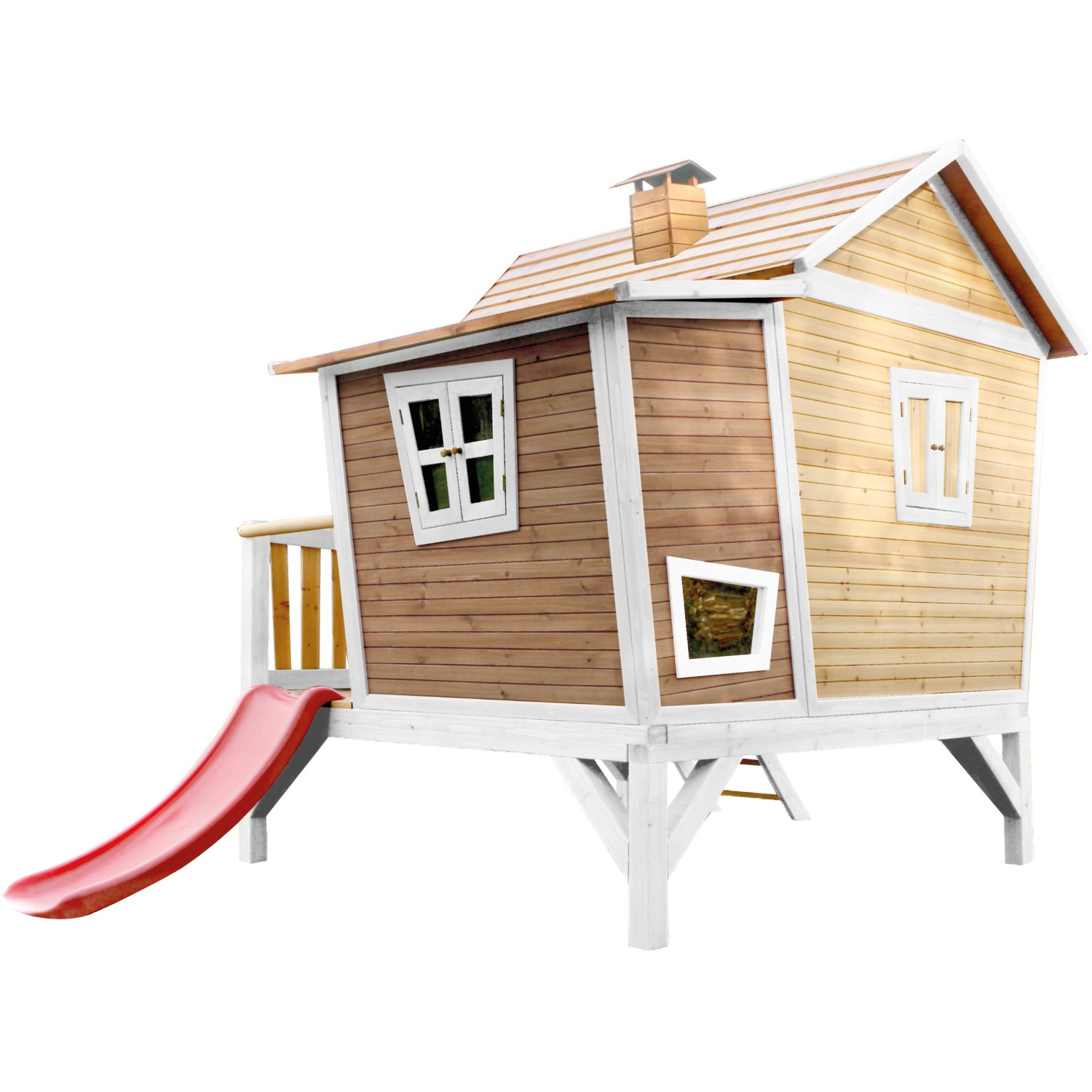 Axi Emma Spielhaus mit Rutsche, braun-weiß, schiefes Design, für Kinder zum Spielen im Garten.