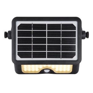 Schwarze Globo Solarleuchte mit Sensor, 5W LED, 500lm, 3000K, für den Außenbereich.
