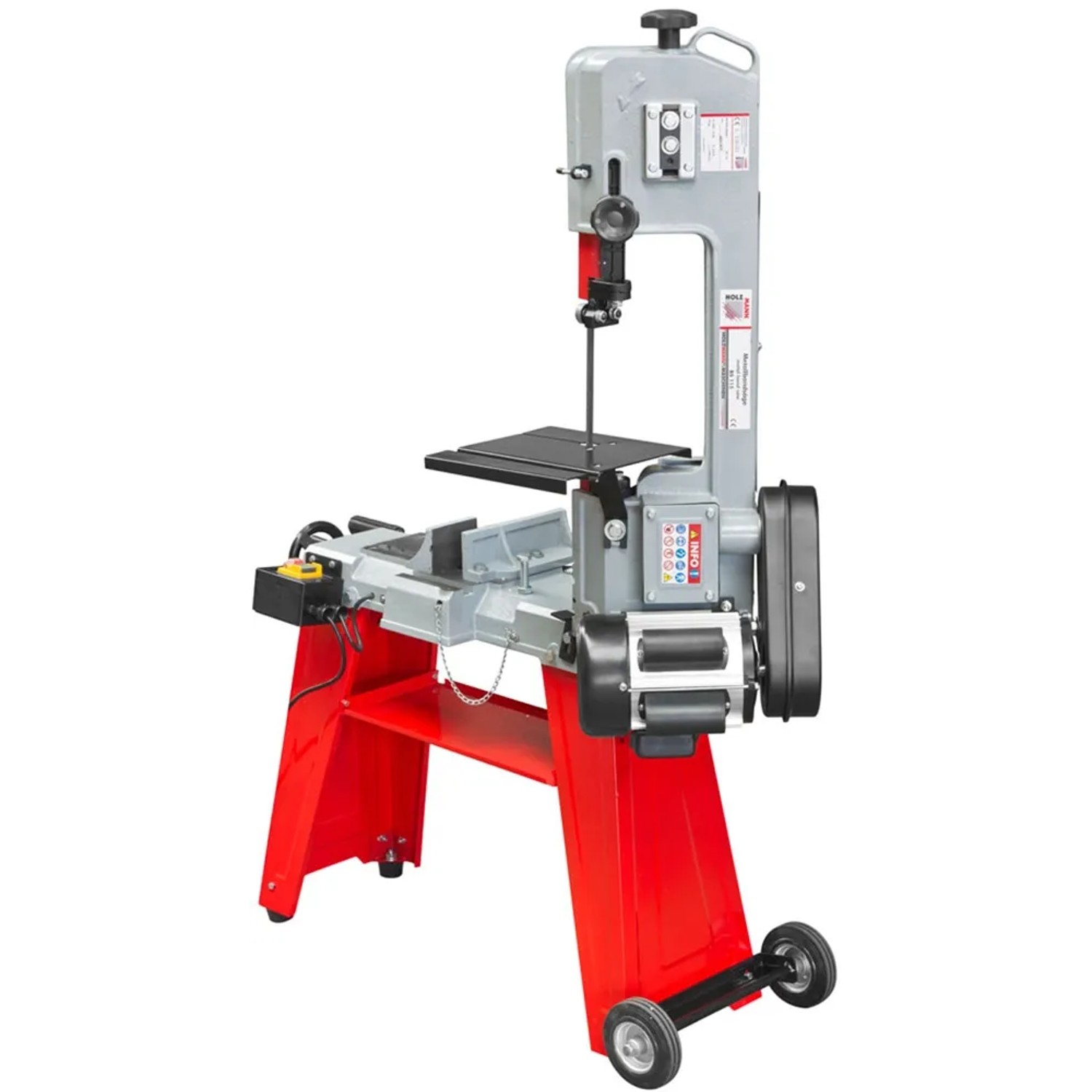 Holzmann Metallbandsäge BS115 mit Fahrgestell, 230V, rot/grau. Bandsäge für präzise Metallarbeiten.