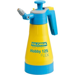 Gloria Hobby 125 Flex Drucksprühgerät, 1,25 l, gelb/blau, mit schwenkbarer Düse und flexiblem Steigrohr.