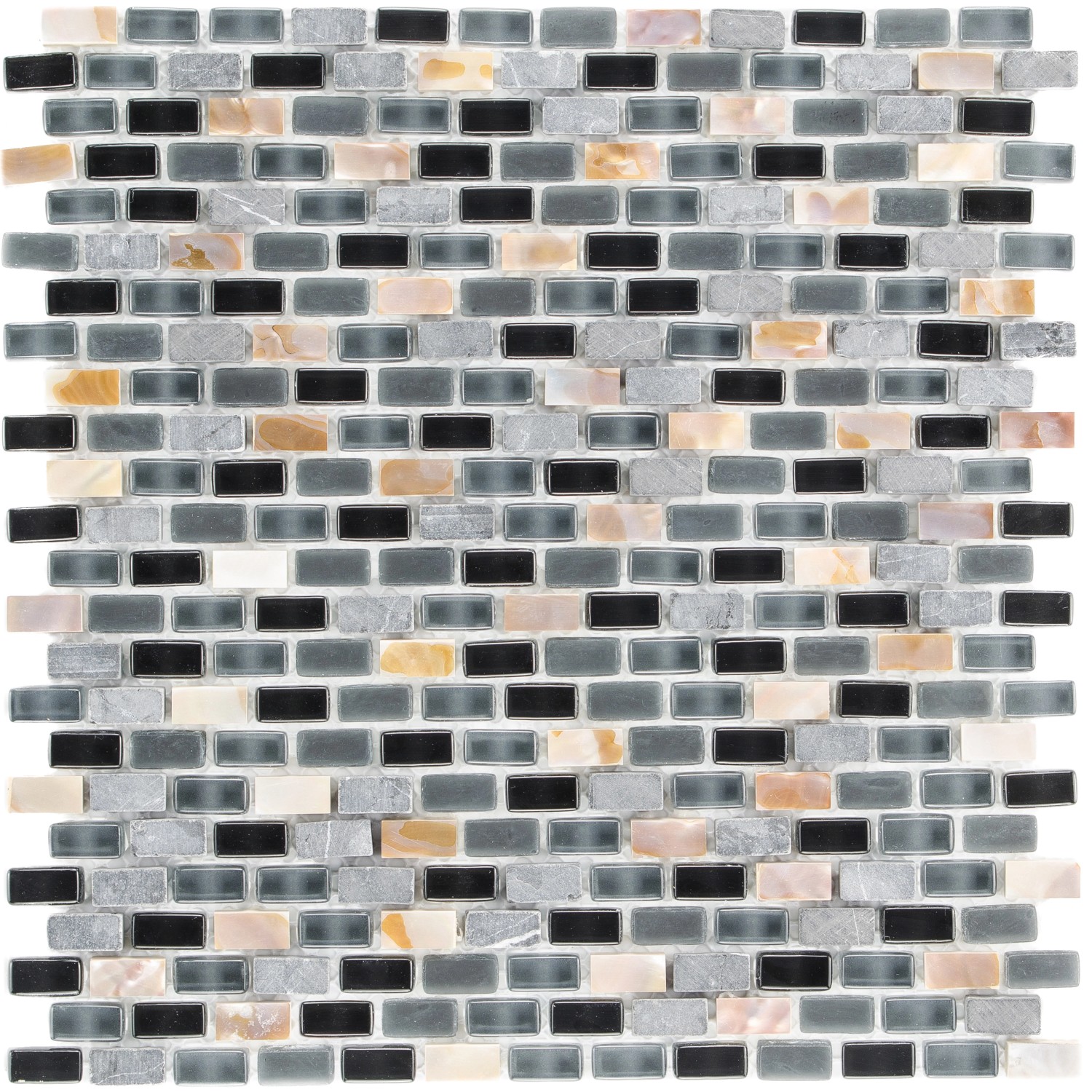 Mosaikmatte Glas & Stein, 5th Avenue Black Mix Seashell, 28,5x28,5 cm. Mosaikfliesen in Schwarz, Grau und Beige.