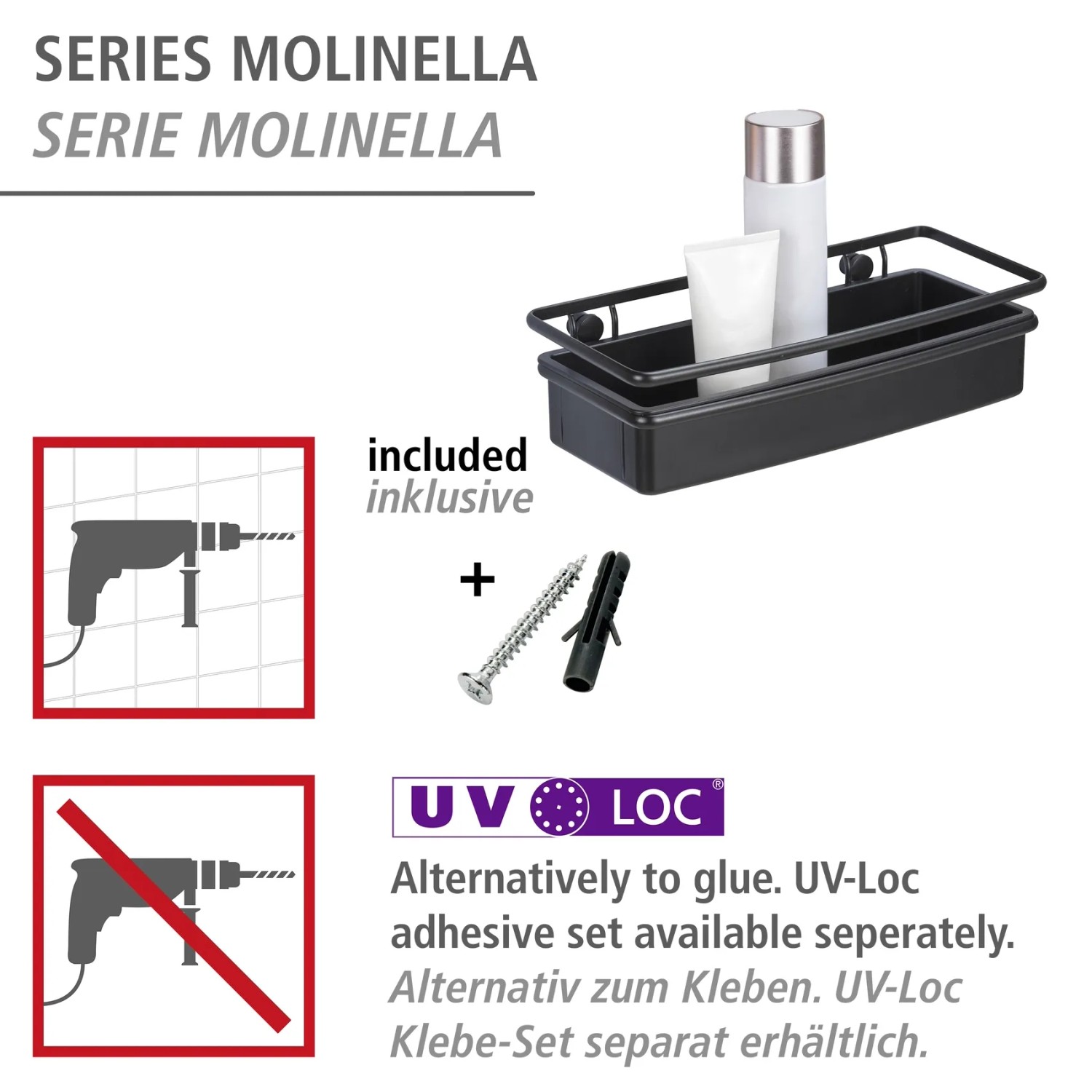 WENKO Wandablage Molinella Schwarz mit Schrauben und Dübeln, gefüllt mit Badartikeln.