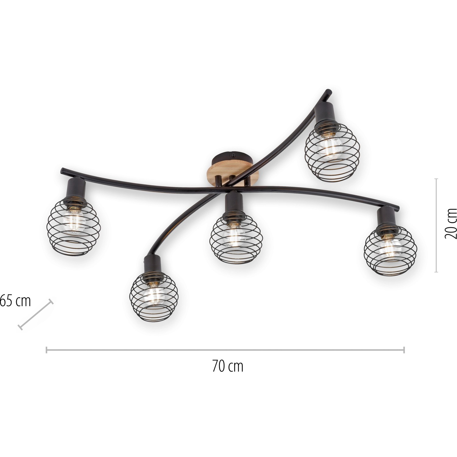 Just Light Spot Eugen, fünfflammige Deckenleuchte in Schwarz/Holz-Natur, 70,1x20,1 cm