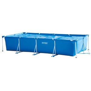 Blauer Intex Frame Pool Family, 450x220x84 cm, mit Stahlrahmen und Wasserfüllung.