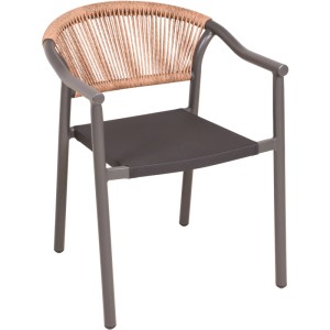 Set aus zwei anthrazitfarbenen Garden Pleasure Stapelstühlen Novara mit Aluminiumrahmen und geflochtener Rückenlehne.
