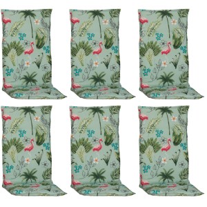 6er Set Beo Hochlehner-Sitzauflagen Genua mit Flamingo- und Palmenmuster in Hellgrün.