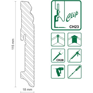 FN Neuhofer Sockelleiste L0114L, Kiefer, weiß lackiert, mit Clip-System und Maßangaben.
