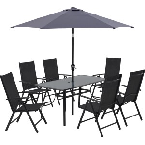 8-tlg. Gartenmöbel-Set Townsville in Anthrazit mit Tisch, 6 Stühlen und Sonnenschirm.
