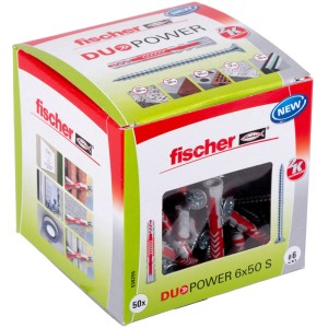Verpackung Fischer Dübel DuoPower 6x50 mm mit Schrauben. Universaldübel für sicheren Halt in vielen Baustoffen.