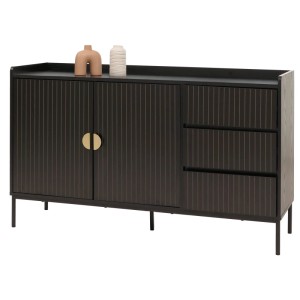 Schwarzes Sideboard O39 mit Lamellenfront, 3 Schubladen und 2 Türen, Holzoptik, 80x130x42cm.