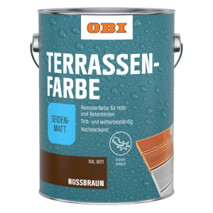 Dose OBI Terrassenfarbe Nussbraun, seidenmatt. Deckende Bodenfarbe für Holz und Beton im Außenbereich.