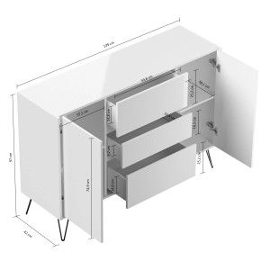 Posseik Sideboard Industrial N, 140 cm, weiß hochglanz, mit 3 Schubladen und 2 Türen, Maße.