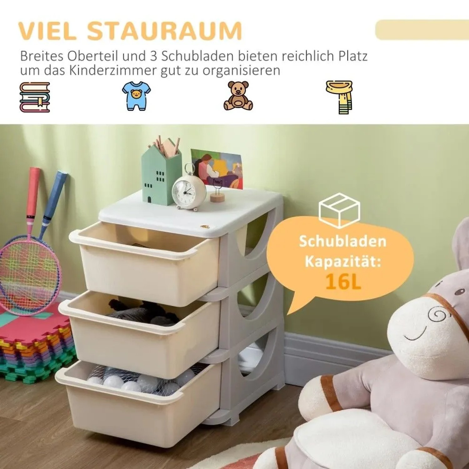 Cremeweißer HOMCOM Schubladenschrank mit 3 Aufbewahrungsboxen im Kinderzimmer, ideal für Spielzeug.