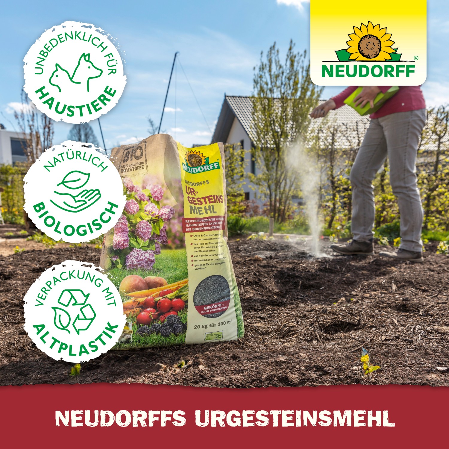Neudorff Urgesteinsmehl 2,5 kg Sack im Garten, Bodenverbesserung für gesunde Pflanzen.