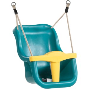Axi Babyschaukel in Grau-Weiß mit türkis/gelbem Sitz für sicheres Schaukeln im Garten.