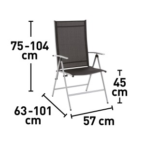 Klappsessel Suriname mit Maßen: Höhe 75-104 cm, Breite 57 cm, Tiefe 63-101 cm, Sitzhöhe 45 cm.