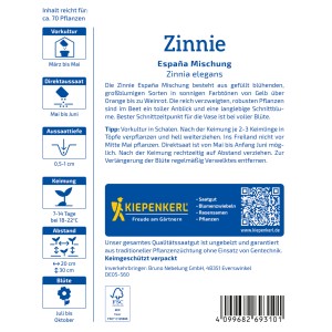 Kiepenkerl Zinnien Espana Mix Samenpackung mit farbenfrohen Zinnienblüten.