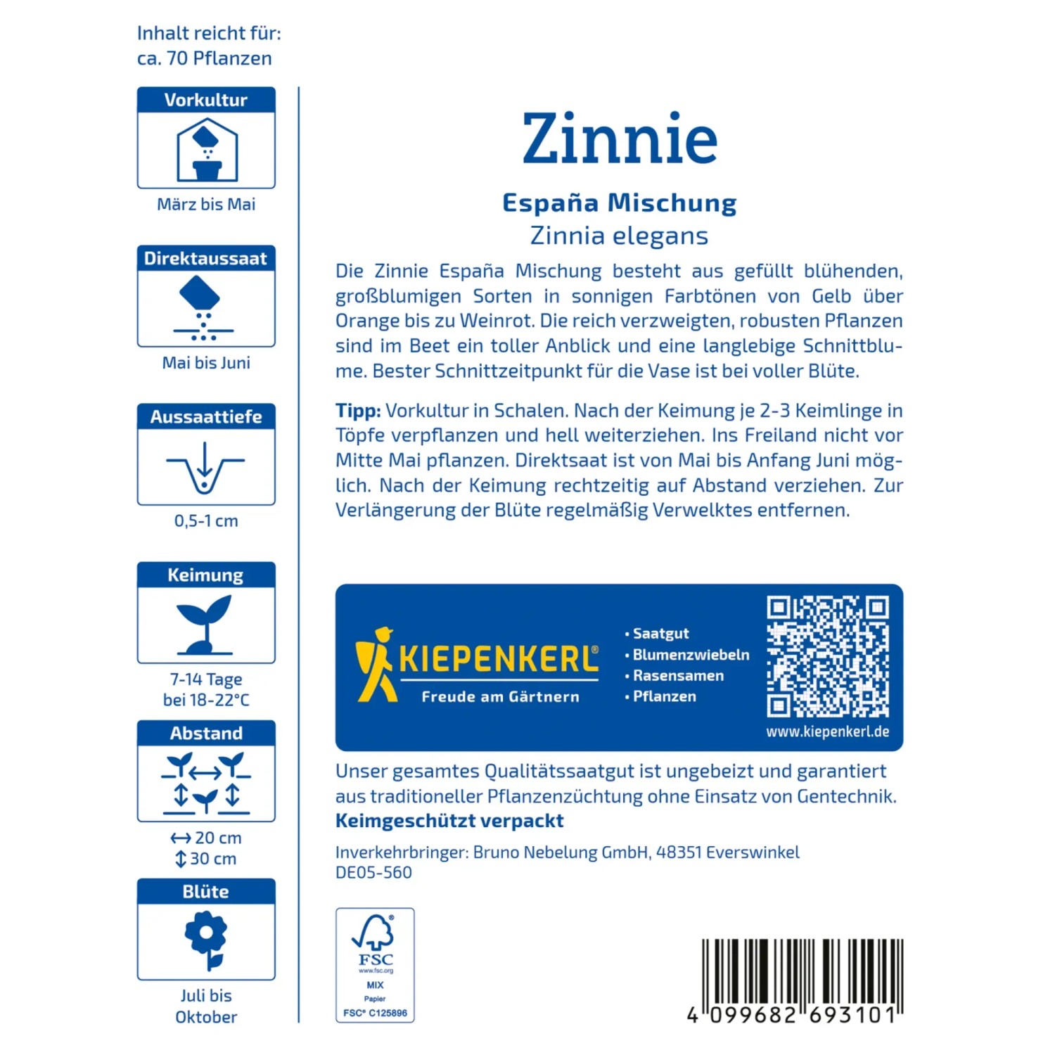 Kiepenkerl Zinnien Espana Mix Samenpackung mit farbenfrohen Zinnienblüten.