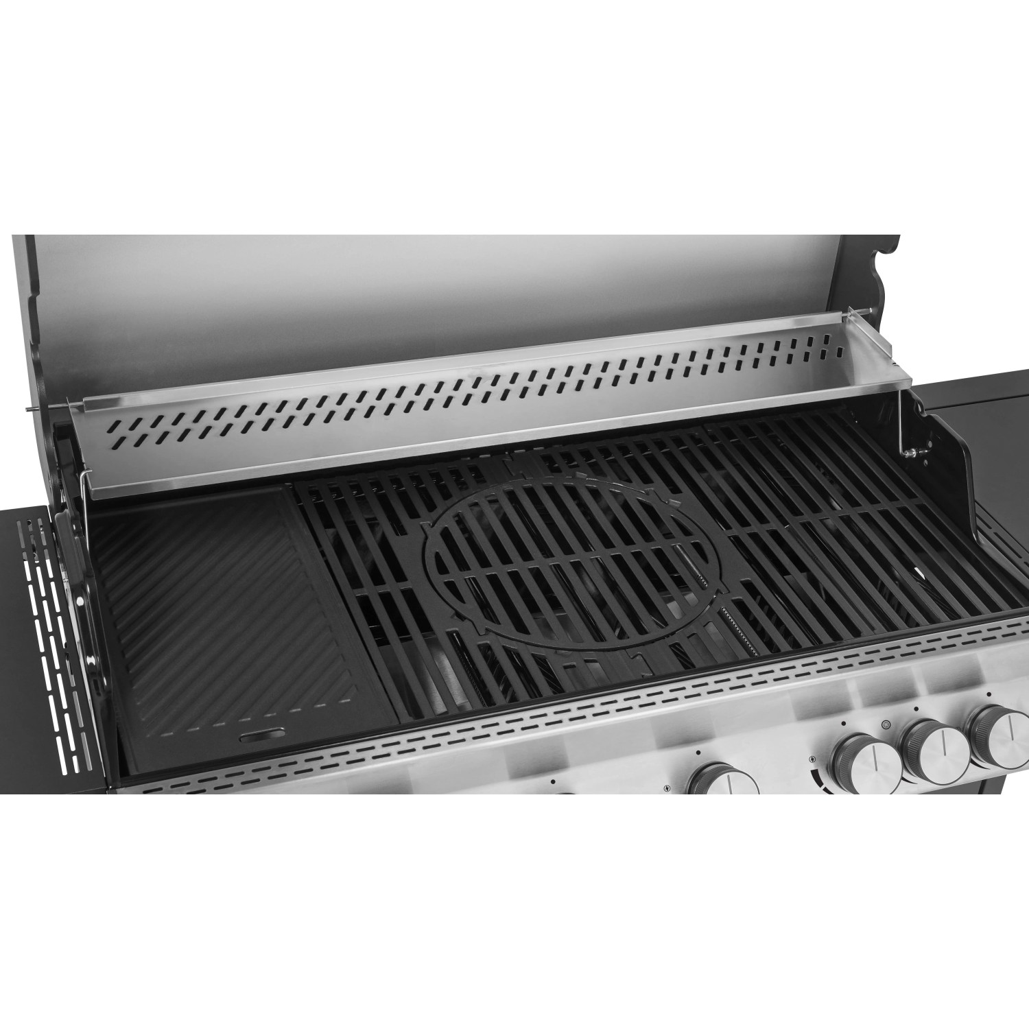 Detailansicht des Jamestown Kane 6 Gasgrills mit Grillrosten aus Gusseisen und Warmhalterost.