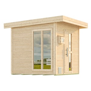 Weka Design Saunahaus Kuopio 1 aus naturbelassenem Holz mit Fenster und Tür.