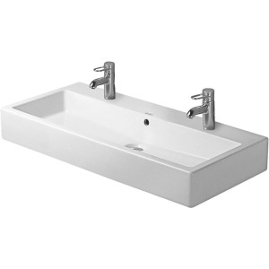 Weißes Duravit Einbauwaschbecken Vero, 100 cm breit, mit 2 Hahnlöchern und WonderGliss Beschichtung.