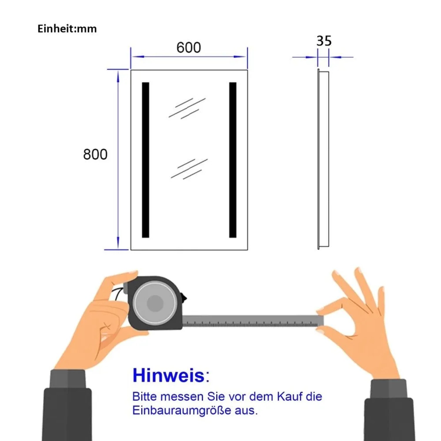 Maßzeichnung Emke LED Badspiegel 80x60 cm. Front- und Seitenansicht mit Maßen 800x600x35 mm und Messband.