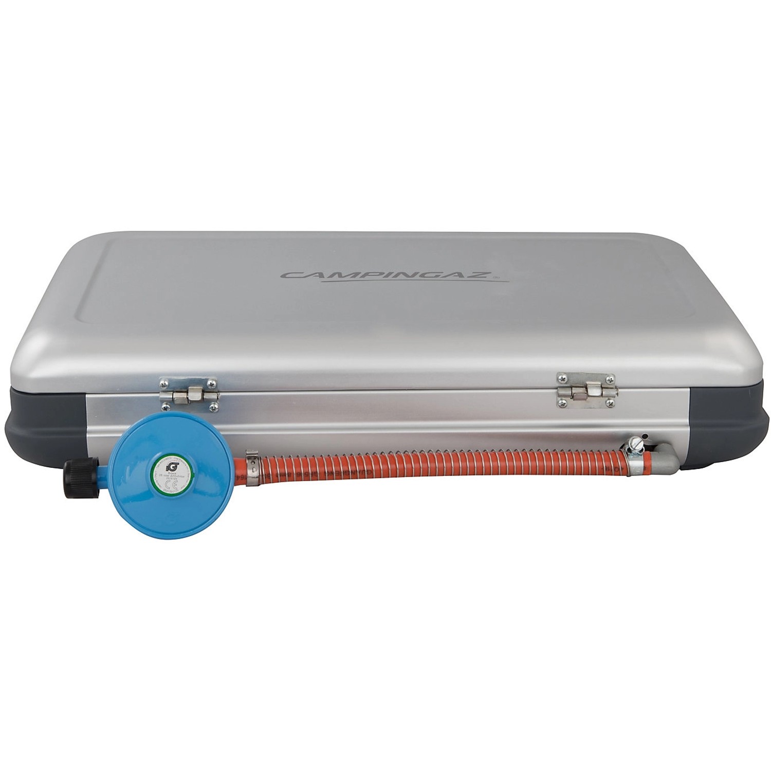 Campingaz Camping Küche 2-Flammkocher mit Regler und Schlauch, geschlossen.