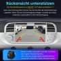 Junsun Autoradio im Fiat 500, Display zeigt Rückfahrkamera-Ansicht mit Parklinien. Separate Rückfahrkamera.