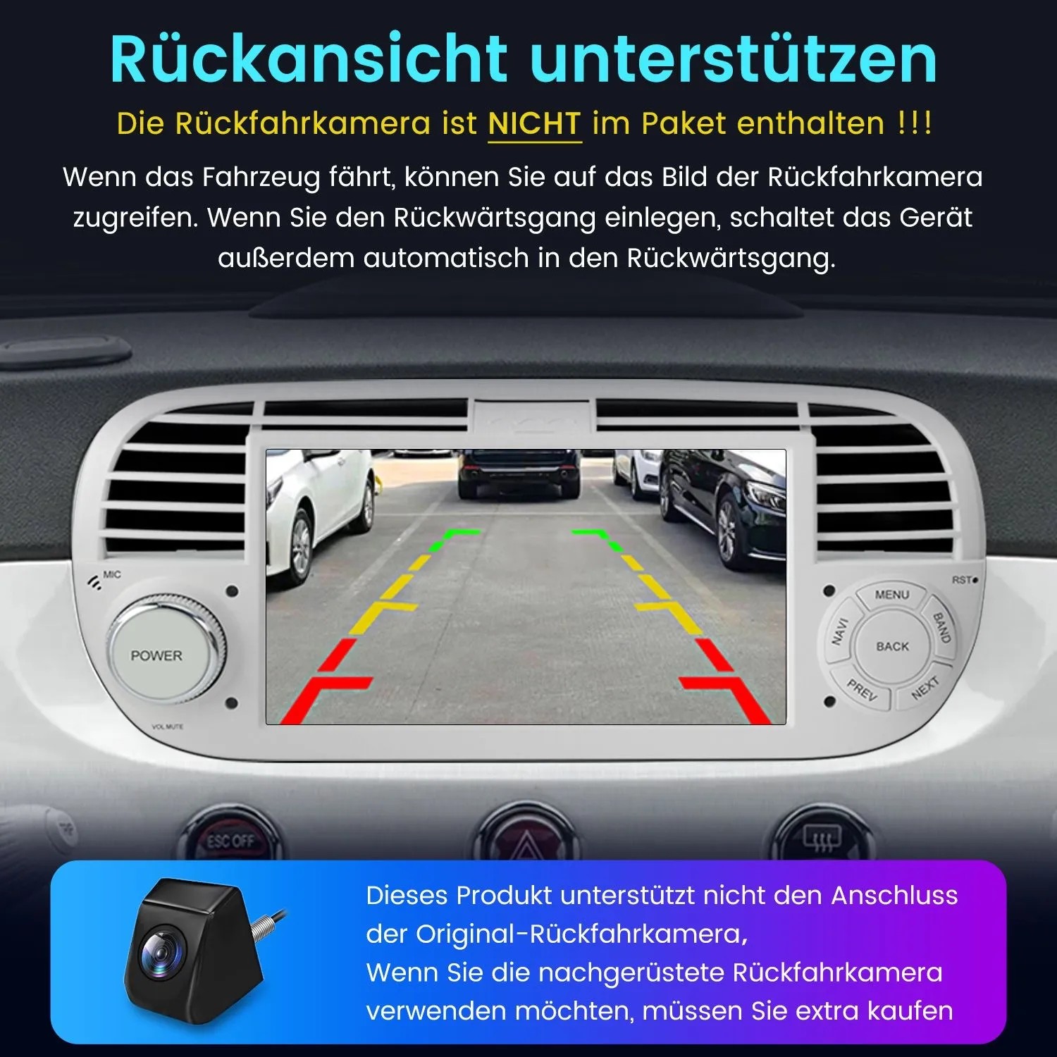 Junsun Autoradio im Fiat 500, Display zeigt Rückfahrkamera-Ansicht mit Parklinien. Separate Rückfahrkamera.